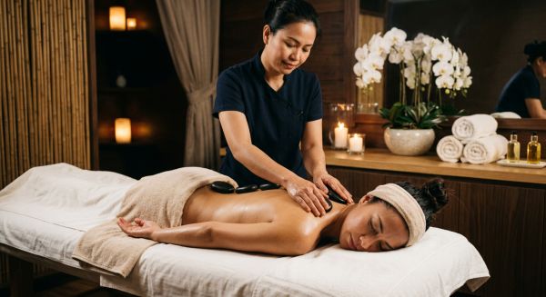 Relaxing hot stone massage in a luxury spa