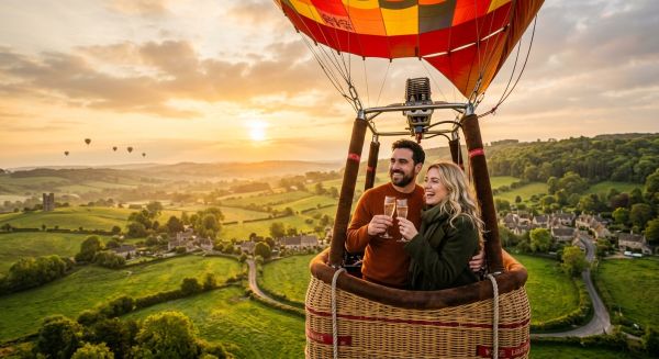 A newlywed couple enjoying a romantic sunrise hot air balloon flight over the UK countryside