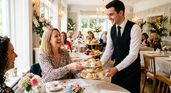 Waiter serving an elegant afternoon tea to a smiling mother