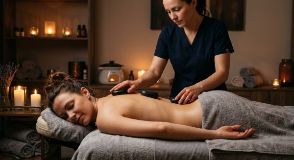 Woman enjoying a relaxing hot stone massage at a spa