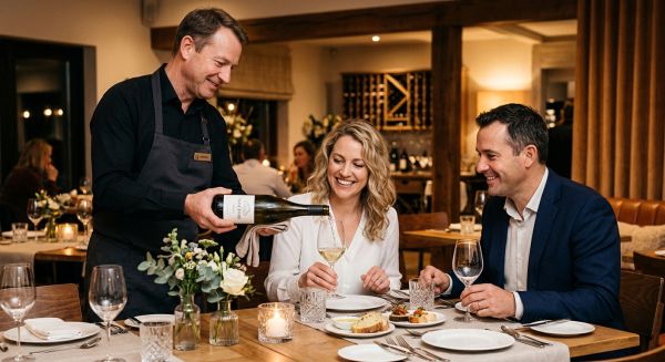 Couple being served wine at a dining experience