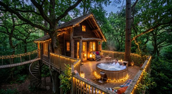 A luxury wooden treehouse stay in the forest at dusk