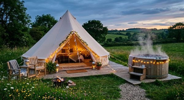 A luxurious canvas bell tent glowing with fairy lights alongside a private wooden hot tub at dusk