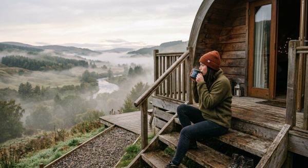 A person enjoying a morning coffee outside a glamping pod