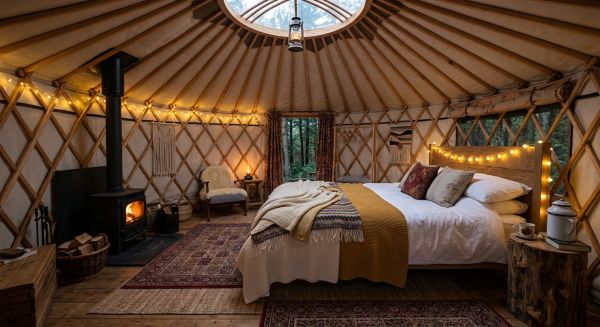 The cozy and luxurious interior of a glamping yurt