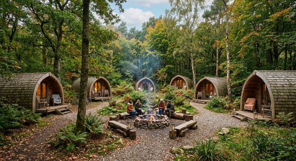 Curved wooden glamping pods in a woodland setting