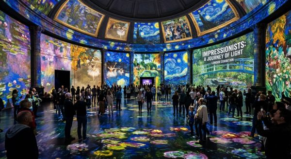 Visitors standing inside a 360-degree impressionist art projection