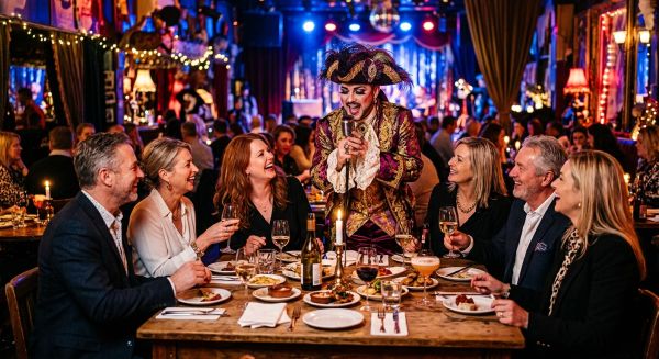 Friends enjoying an interactive theatrical dining experience