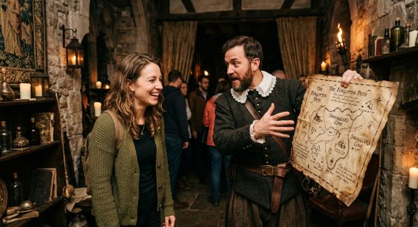Woman receiving a briefing from an actor at an immersive experience
