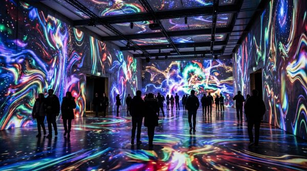 Silhouettes of people admiring a 360-degree digital art projection