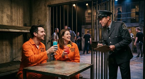 Couple in orange jumpsuits enjoying cocktails in a prison cell set