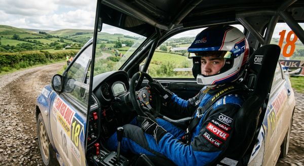Teenager in a rally car for a junior track day