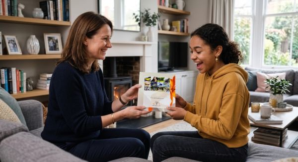 Parent giving a junior driving gift voucher to a teenager