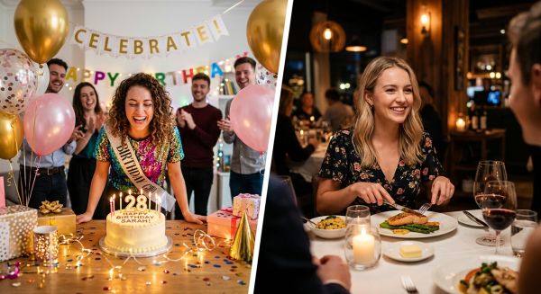 A lady celebrating her birthday in one image and another lady eating dinner