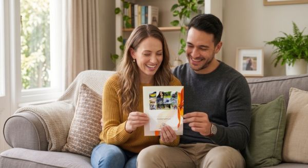 Find Me A Gift Mega Choice experience voucher packs being looked through by a couple,