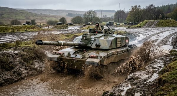 Military tank driving through a mud trench