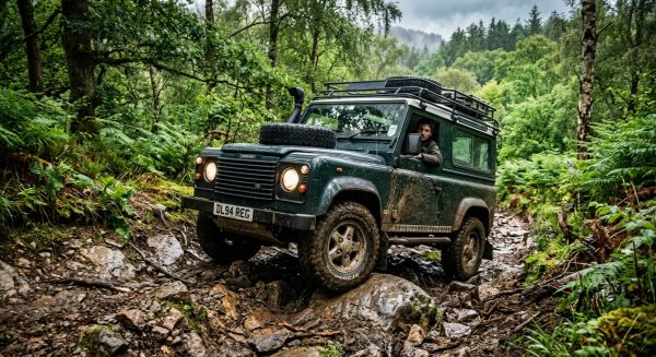 Land Rover Defender on a rocky woodland descent