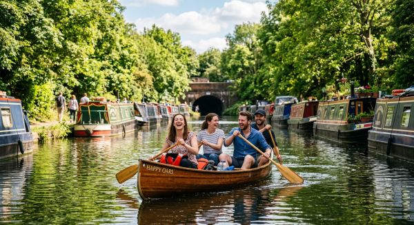 Friends paddling a canoe on a UK canal