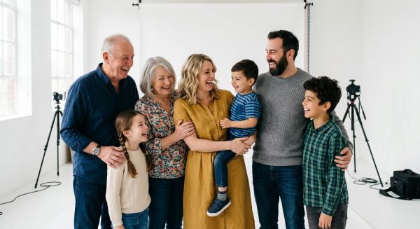 A family laughing together during a studio photoshoot