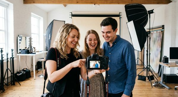 Reviewing photos with the photographer after a shoot