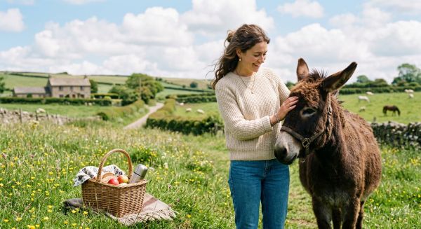 A woman enjoying a donkey picnic experience in the countryside