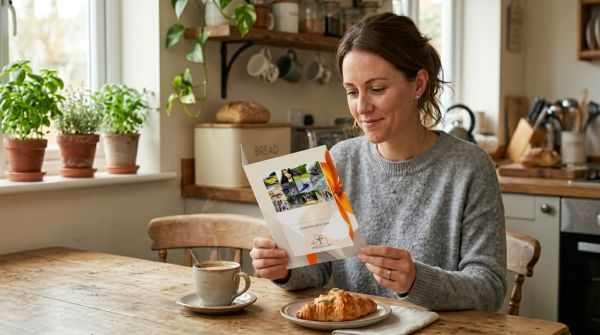 A person holding an experience day gift voucher in a cafe