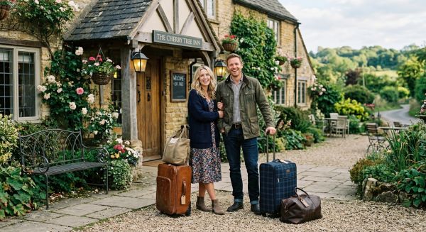 Couple standing outside a country inn, smiling with their luggage.