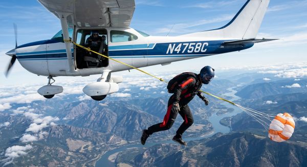 Solo skydiver exiting an aircraft