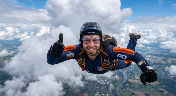Skydiver giving a thumbs up in freefall