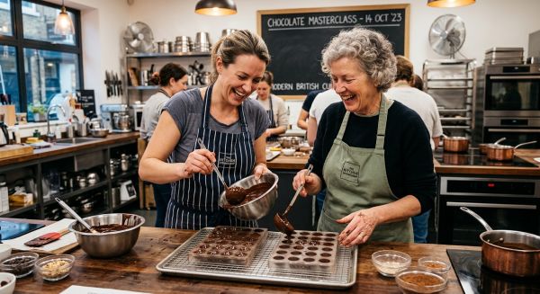 Two people enjoying a chocolate making workshop in the UK