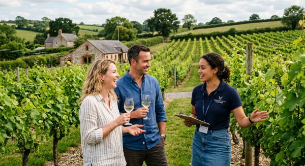 Couple enjoying a wine tasting vineyard tour