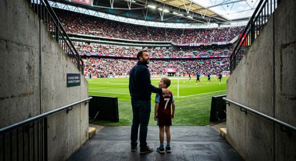 Father and son on a football stadium tour