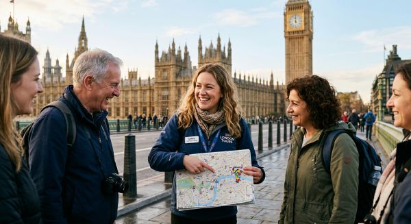 Tour guide showing a map to a group