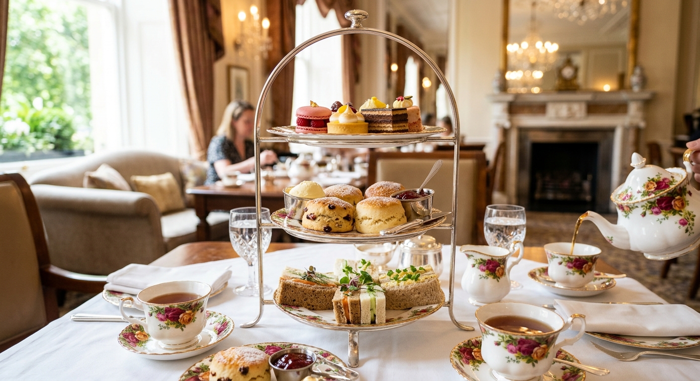Traditional afternoon tea experience with sandwiches, scones, and cakes