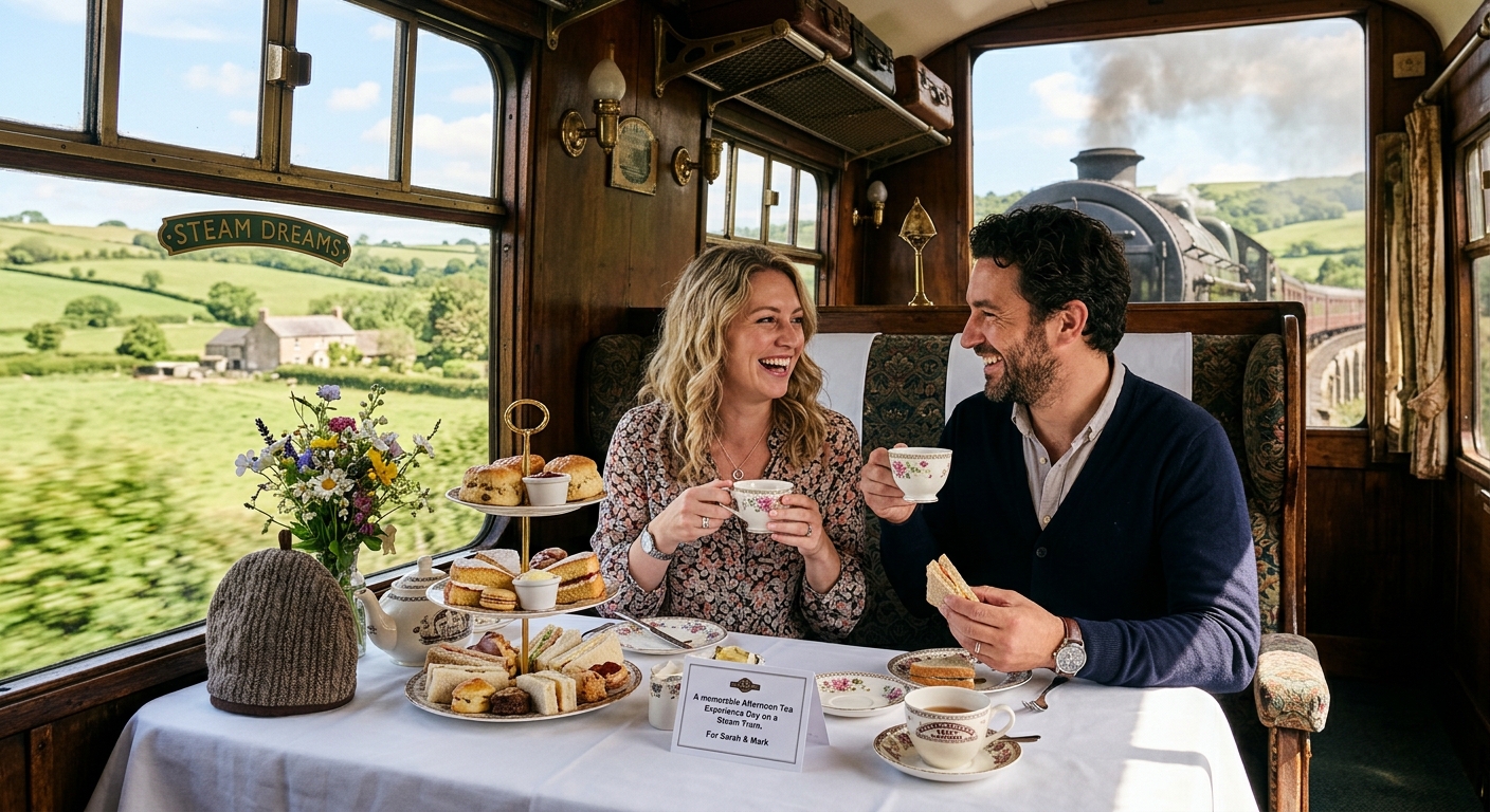 Couple enjoying a steam train afternoon tea experience day