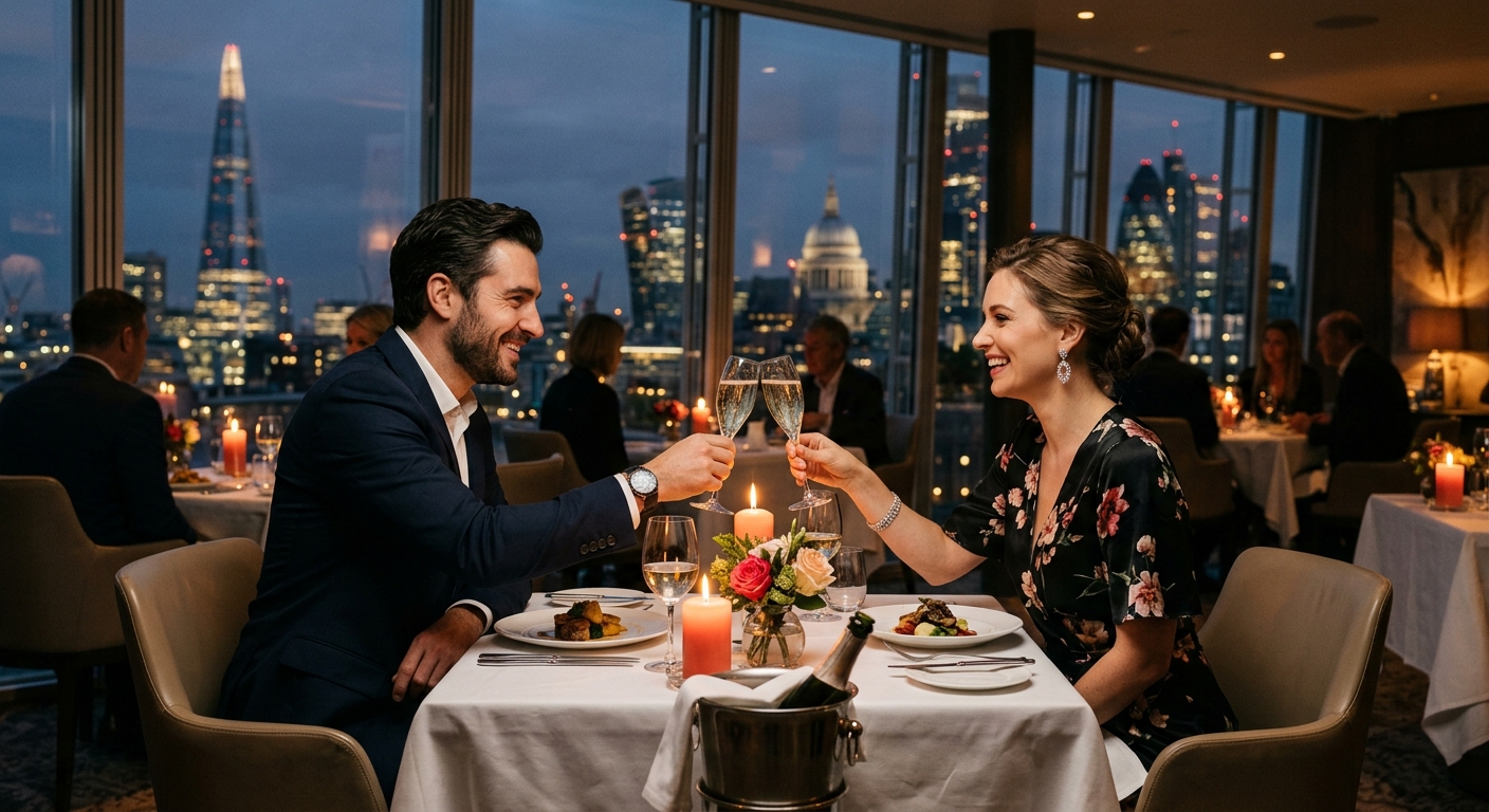 Couple celebrating their anniversary with champagne at a romantic dinner