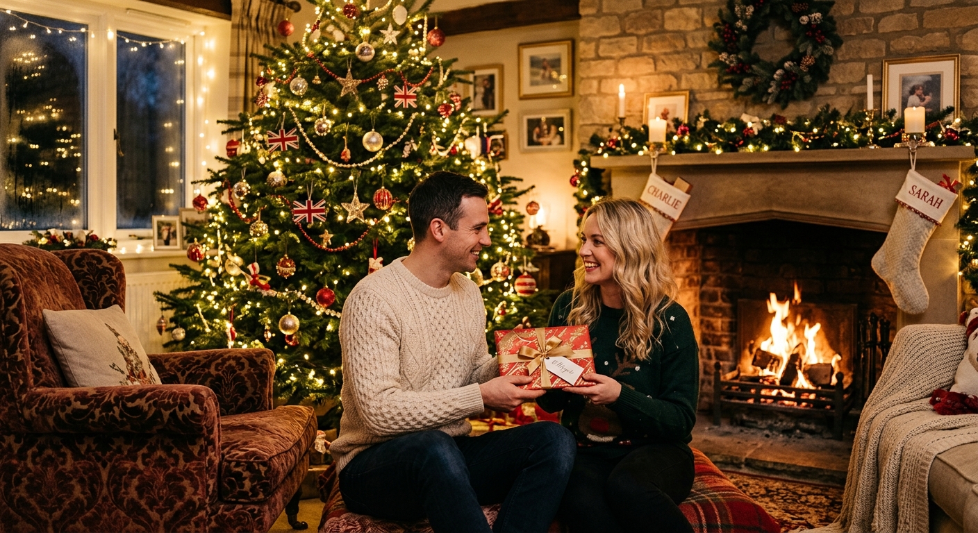 Couple exchanging a Christmas experience gift