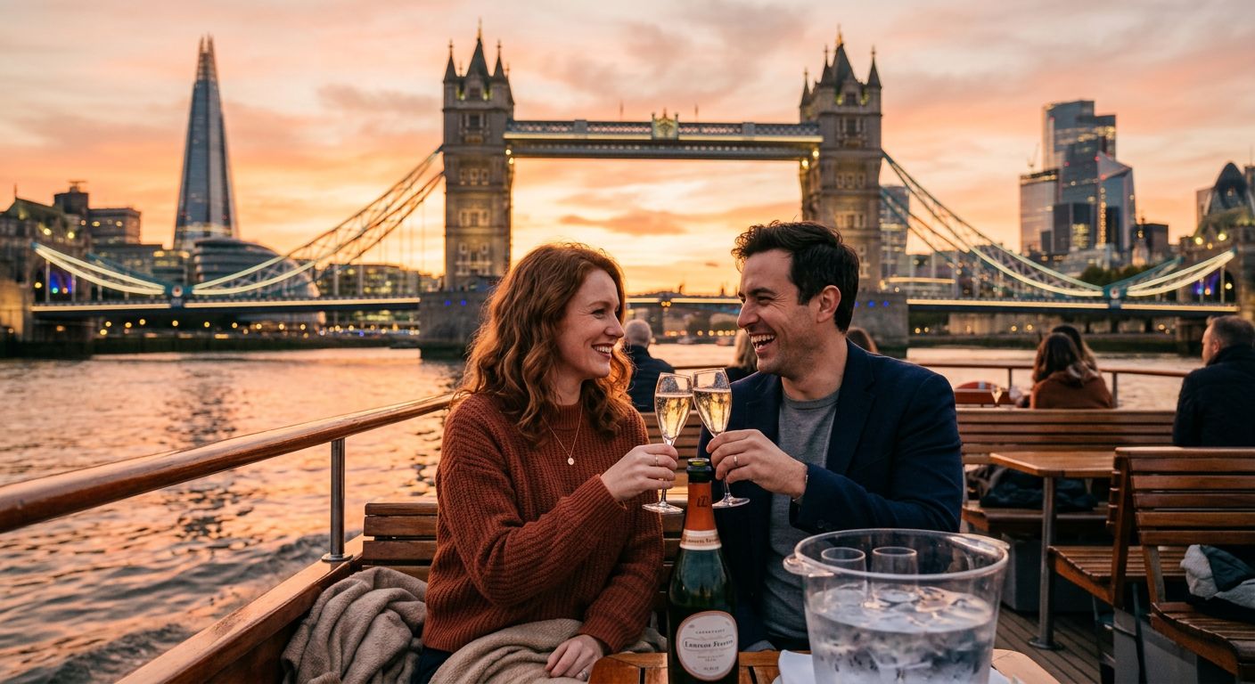 Couple enjoying a romantic river cruise experience in London