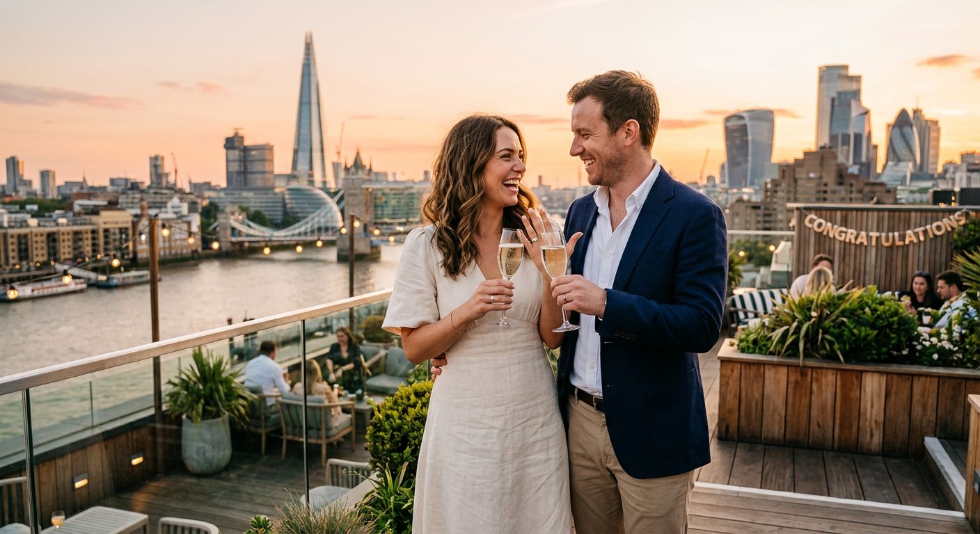 Couple celebrating their engagement with a glass of champagne