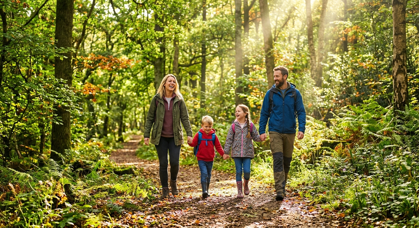 A happy family enjoying an outdoor adventure day out in the UK countryside