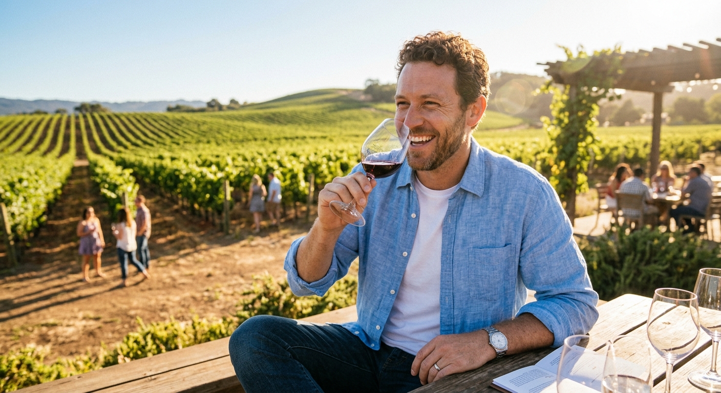 A man drinking a glass of wine at a vineyard tour and tasting