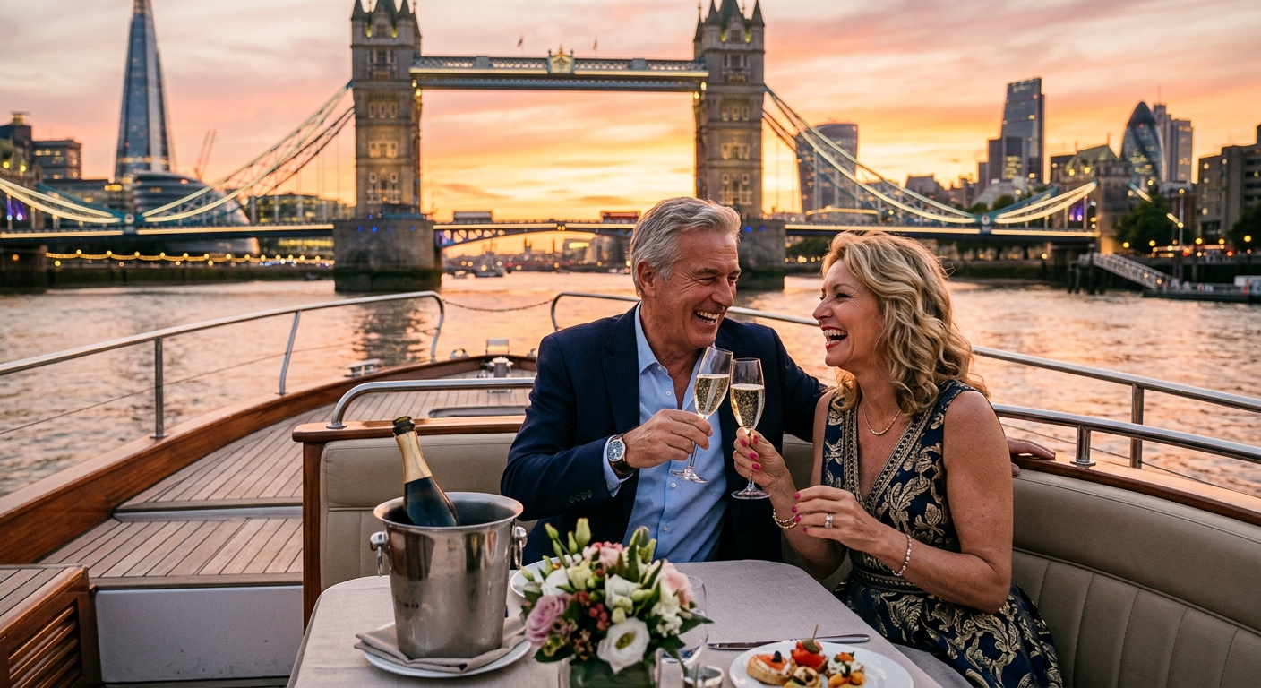 Couple enjoying a luxury river cruise experience in London