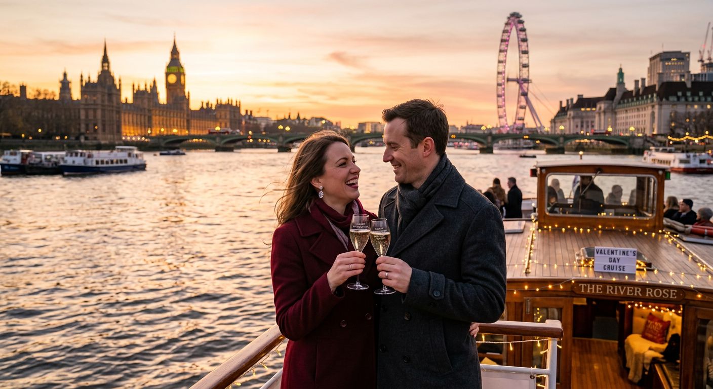 Couple enjoying a romantic sunset cruise on the River Thames on Valentine's Day