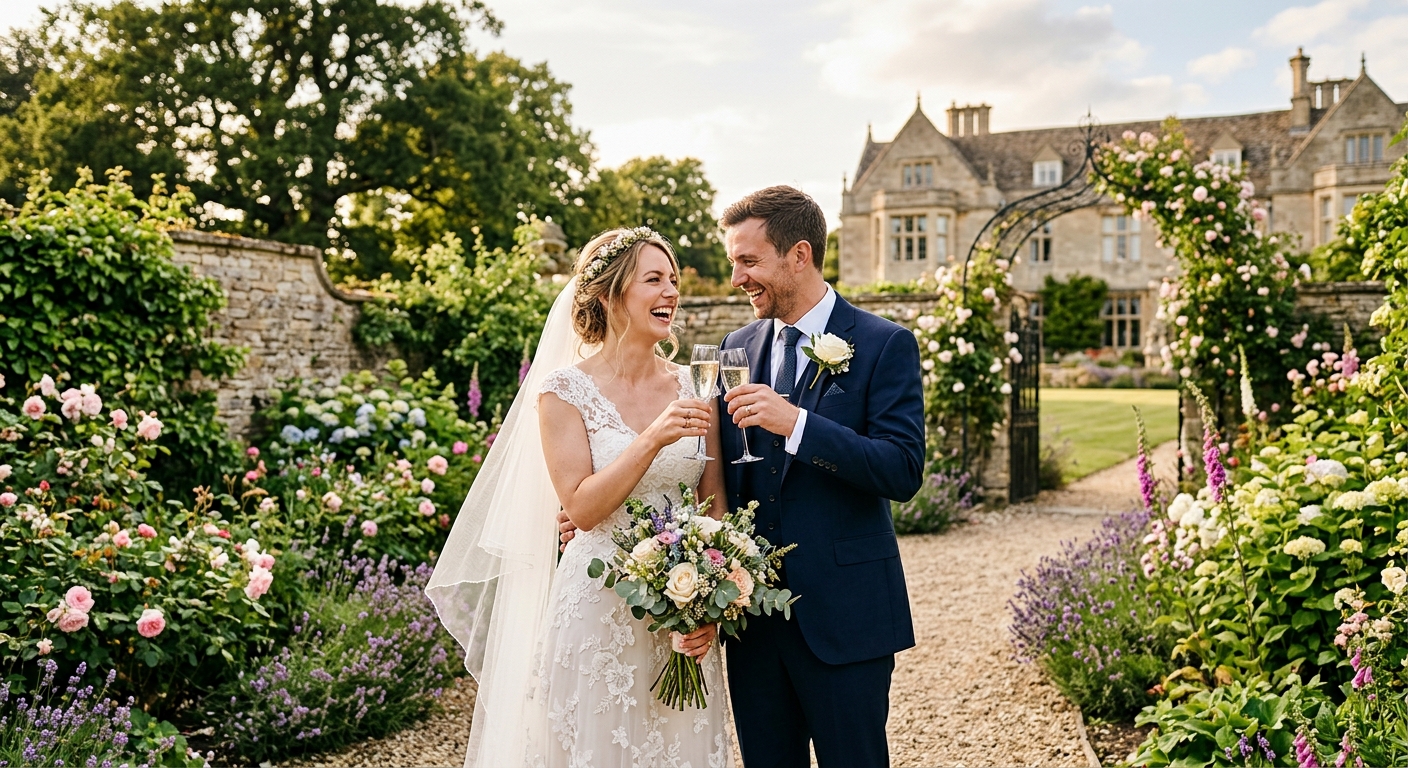 Newlywed couple celebrating with champagne in a UK garden