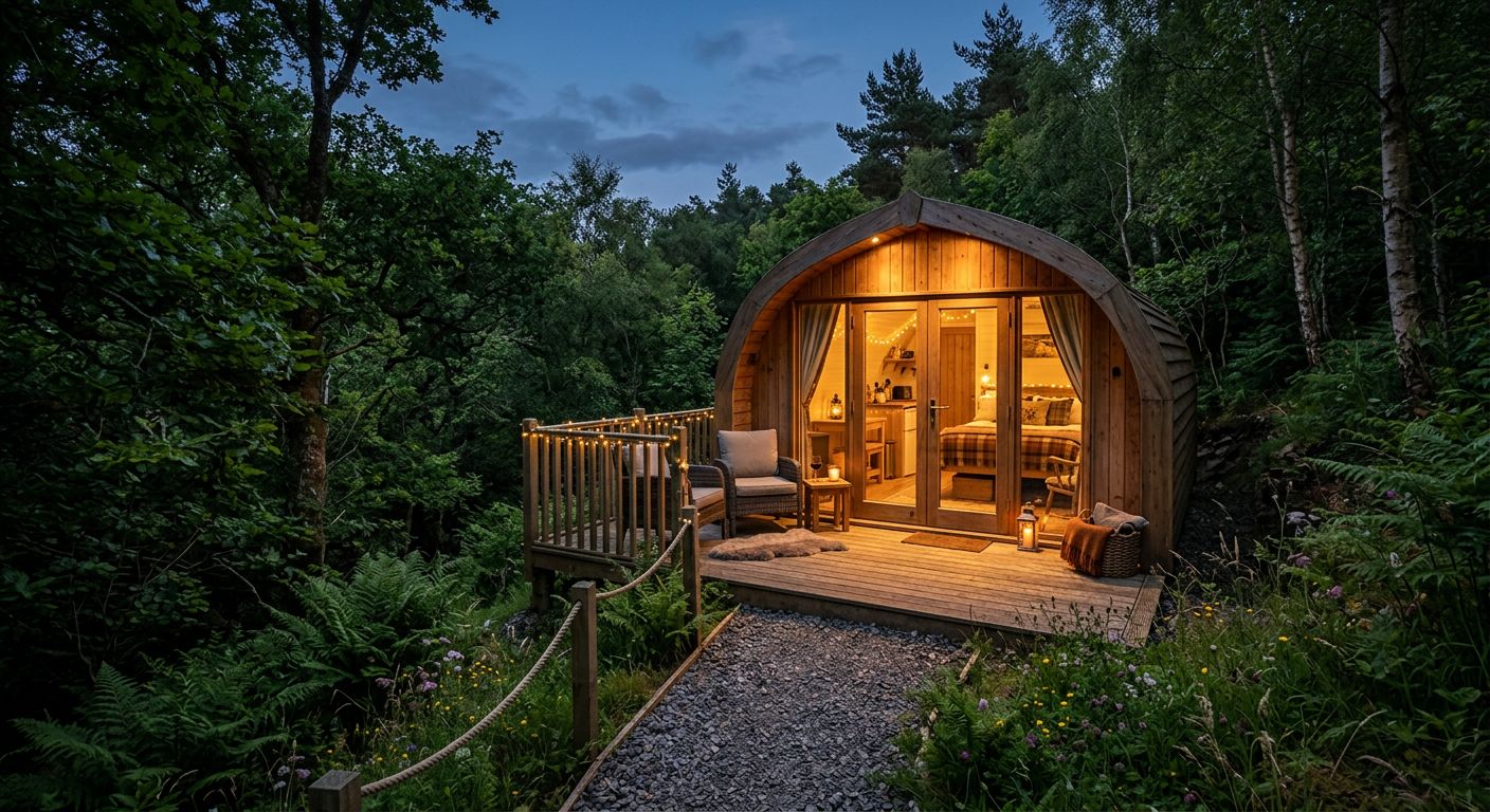 A luxury glamping pod in a peaceful forest setting at twilight