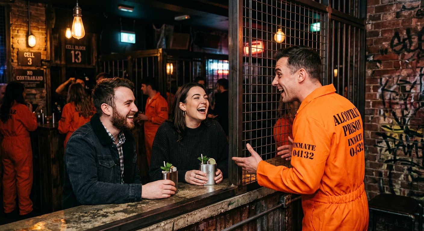 Couple enjoying an immersive cocktail experience in a theatrical setting