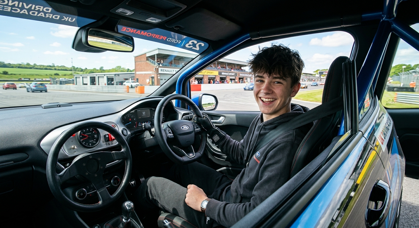 Teenager enjoying a junior driving experience day on a UK race track