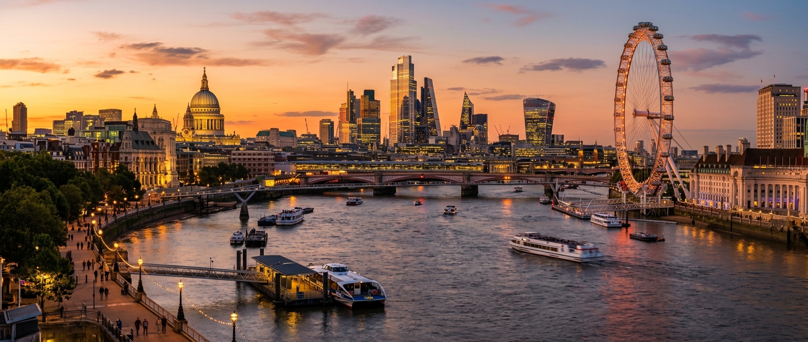 London skyline at sunset showing iconic landmarks