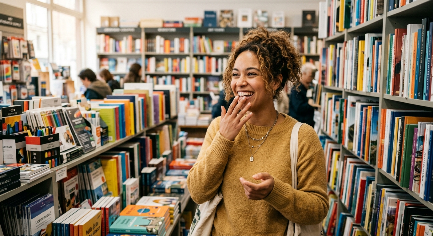 Someone in a library looking at all the book choices on the shelf.