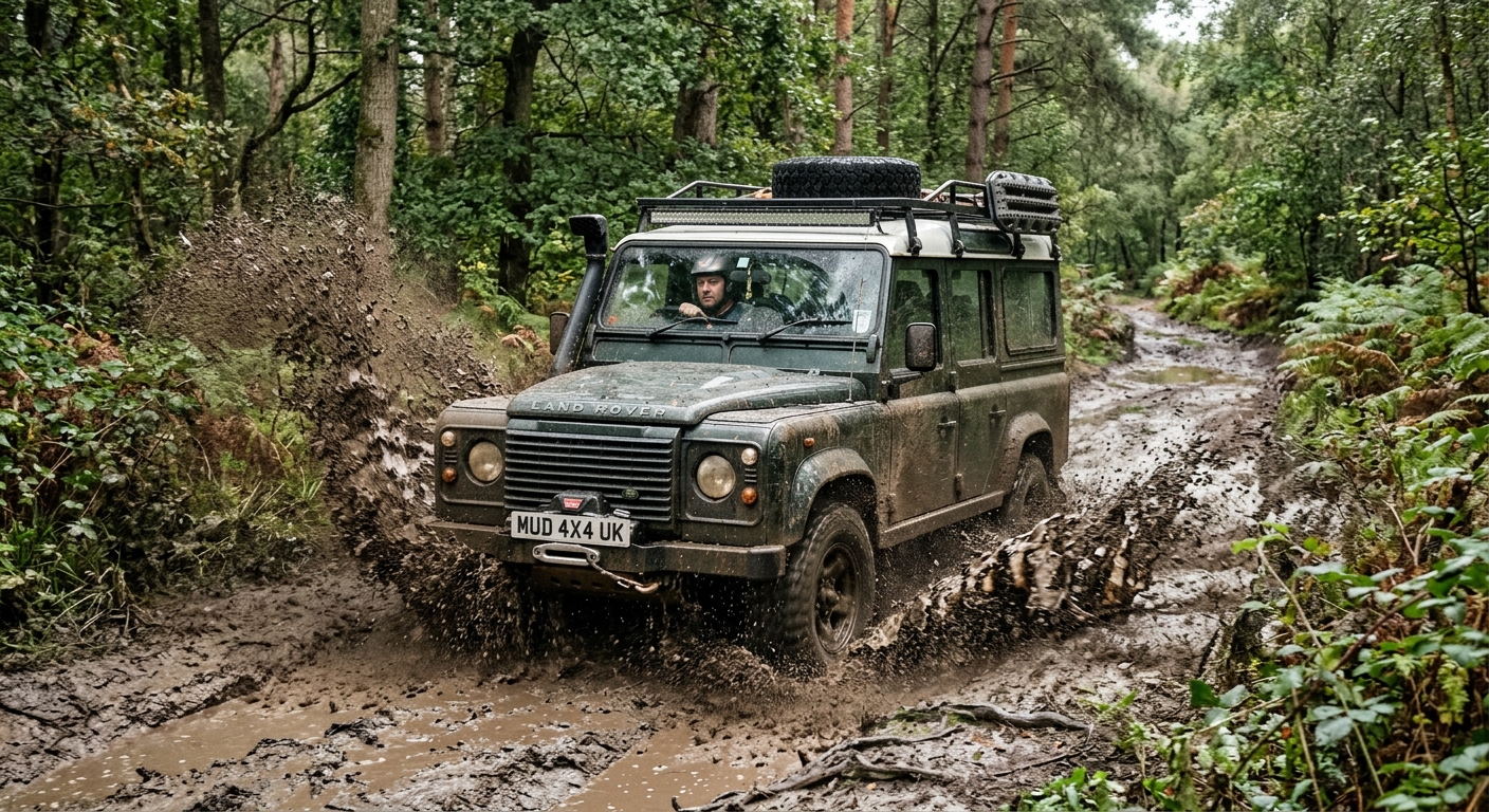 4x4 vehicle splashing through mud on an off-road track